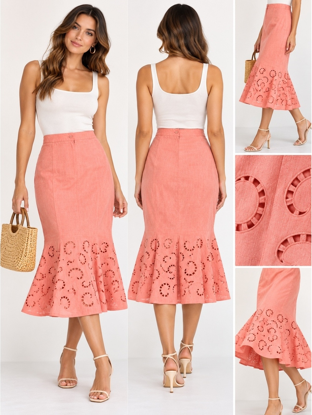 J.Song NWT 100% Linen Coral Eyelet Cutout Mermaid Midi Skirt Size 8